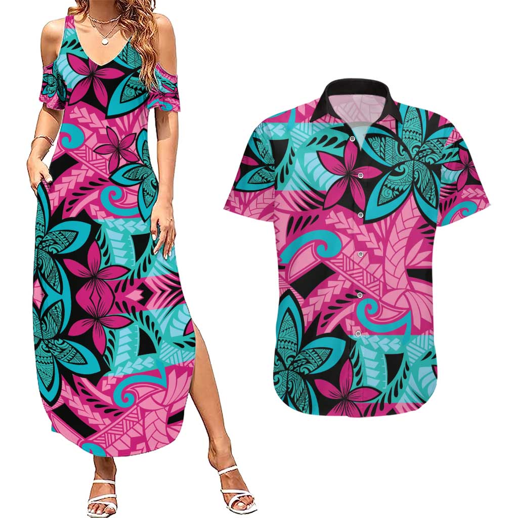 Plumeria Polynesian Pattern Couples Matching Summer Maxi Dress and Hawaiian Shirt Unique Fantasy Pink Teal