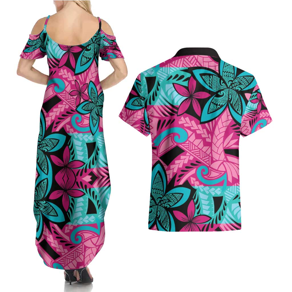 Plumeria Polynesian Pattern Couples Matching Summer Maxi Dress and Hawaiian Shirt Unique Fantasy Pink Teal