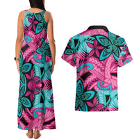 Plumeria Polynesian Pattern Couples Matching Tank Maxi Dress and Hawaiian Shirt Unique Fantasy Pink Teal LT01 - Polynesian Pride