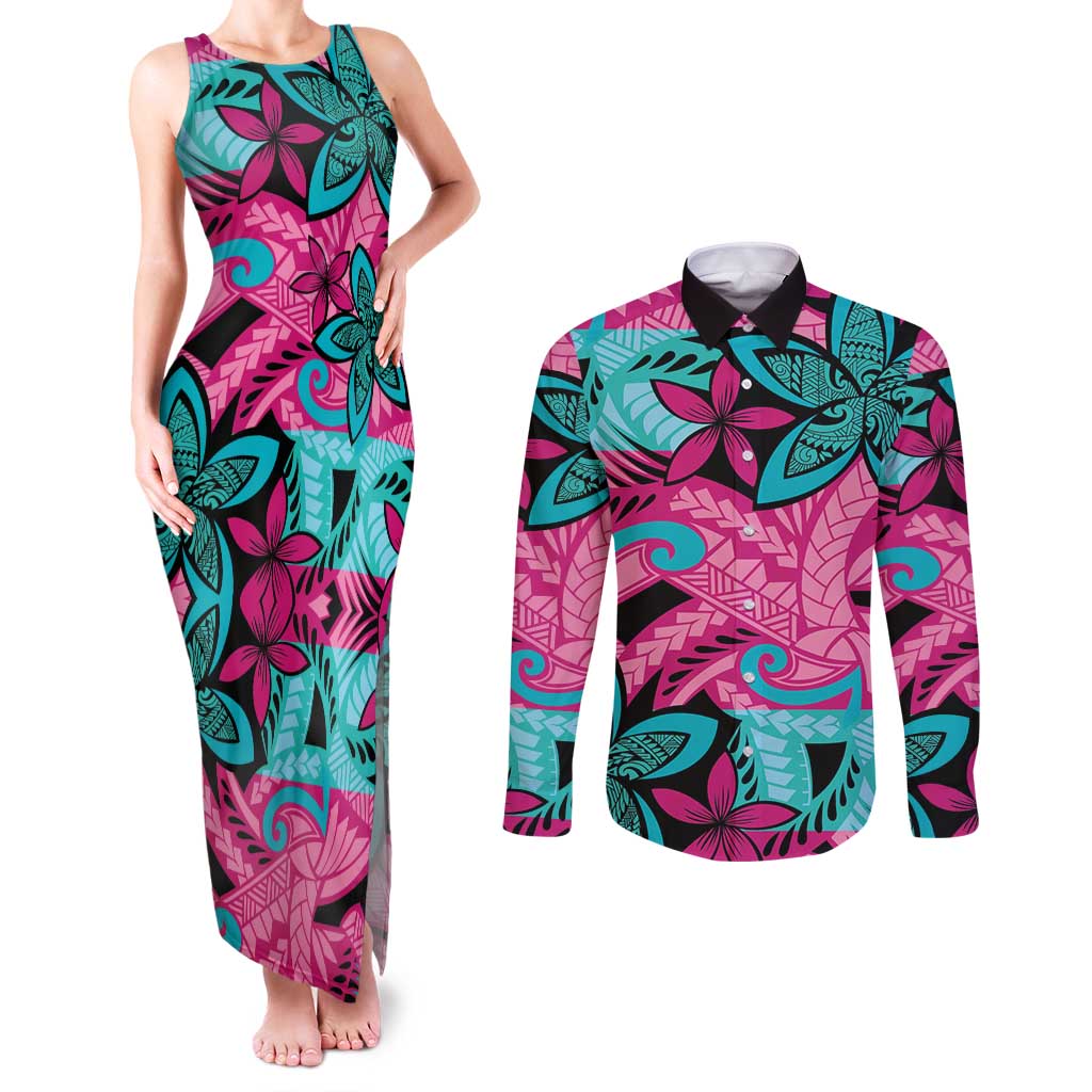 Plumeria Polynesian Pattern Couples Matching Tank Maxi Dress and Long Sleeve Button Shirt Unique Fantasy Pink Teal