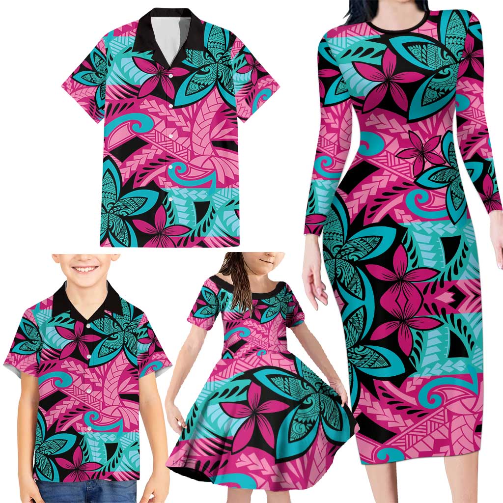 Plumeria Polynesian Pattern Family Matching Long Sleeve Bodycon Dress and Hawaiian Shirt Unique Fantasy Pink Teal LT01 - Polynesian Pride
