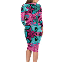 Plumeria Polynesian Pattern Family Matching Long Sleeve Bodycon Dress and Hawaiian Shirt Unique Fantasy Pink Teal LT01 - Polynesian Pride