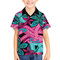 Plumeria Polynesian Pattern Family Matching Long Sleeve Bodycon Dress and Hawaiian Shirt Unique Fantasy Pink Teal LT01 Son's Shirt Pink - Polynesian Pride