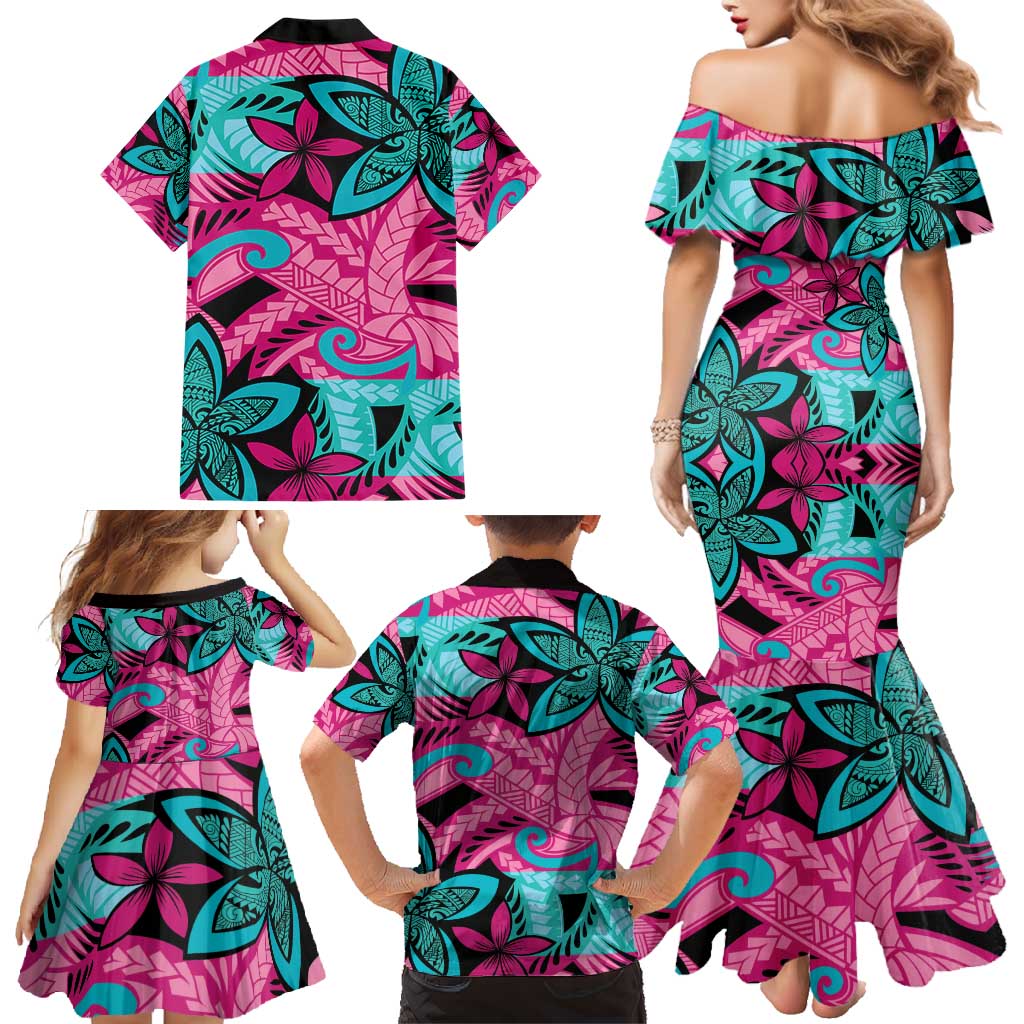Plumeria Polynesian Pattern Family Matching Mermaid Dress and Hawaiian Shirt Unique Fantasy Pink Teal LT01 - Polynesian Pride