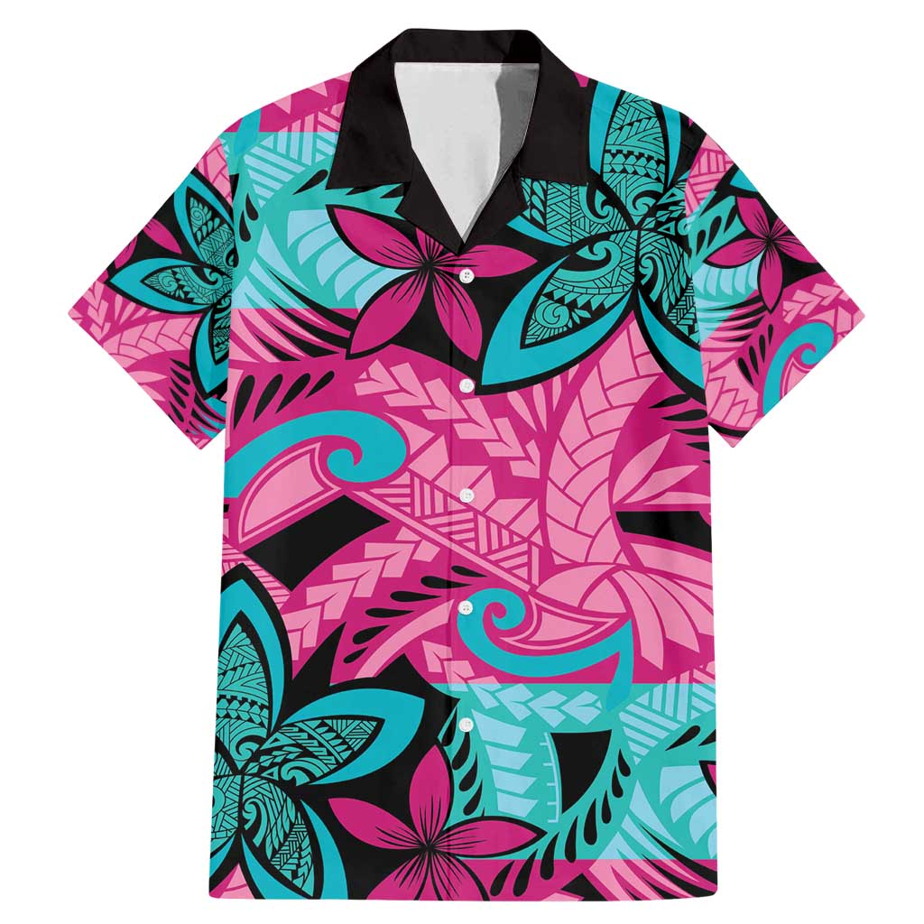Plumeria Polynesian Pattern Family Matching Mermaid Dress and Hawaiian Shirt Unique Fantasy Pink Teal LT01 Dad's Shirt - Short Sleeve Pink - Polynesian Pride