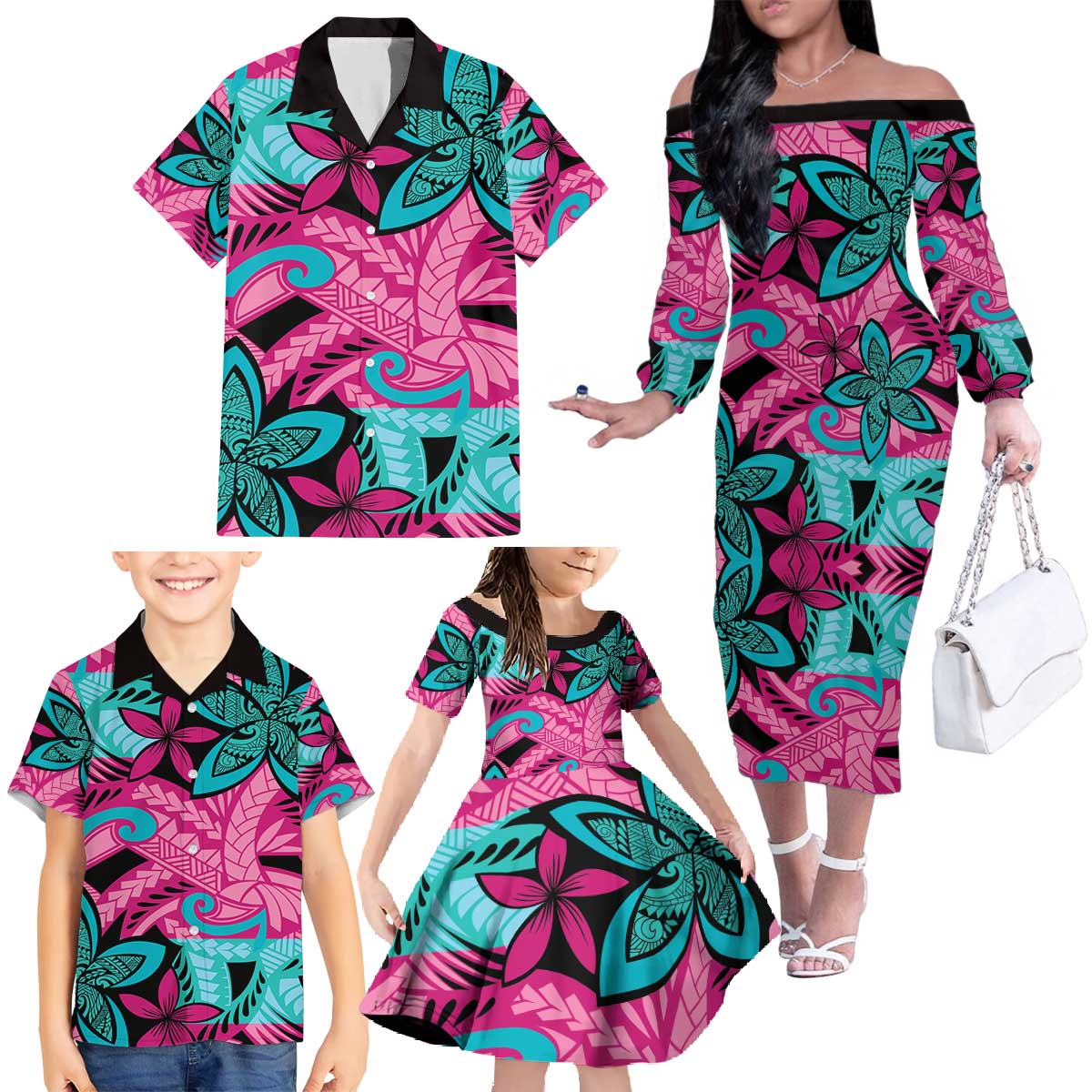 Plumeria Polynesian Pattern Family Matching Off The Shoulder Long Sleeve Dress and Hawaiian Shirt Unique Fantasy Pink Teal LT01 - Polynesian Pride