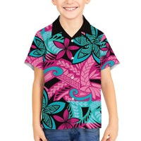 Plumeria Polynesian Pattern Family Matching Off The Shoulder Long Sleeve Dress and Hawaiian Shirt Unique Fantasy Pink Teal LT01 Son's Shirt Pink - Polynesian Pride