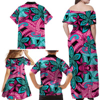 Plumeria Polynesian Pattern Family Matching Off Shoulder Maxi Dress and Hawaiian Shirt Unique Fantasy Pink Teal