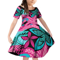 Plumeria Polynesian Pattern Family Matching Off Shoulder Short Dress and Hawaiian Shirt Unique Fantasy Pink Teal
