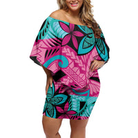 Plumeria Polynesian Pattern Family Matching Off Shoulder Short Dress and Hawaiian Shirt Unique Fantasy Pink Teal