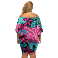 Plumeria Polynesian Pattern Family Matching Off Shoulder Short Dress and Hawaiian Shirt Unique Fantasy Pink Teal
