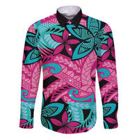 Plumeria Polynesian Pattern Family Matching Short Sleeve Bodycon Dress and Hawaiian Shirt Unique Fantasy Pink Teal LT01 Dad's Shirt - Long Sleeve Pink - Polynesian Pride