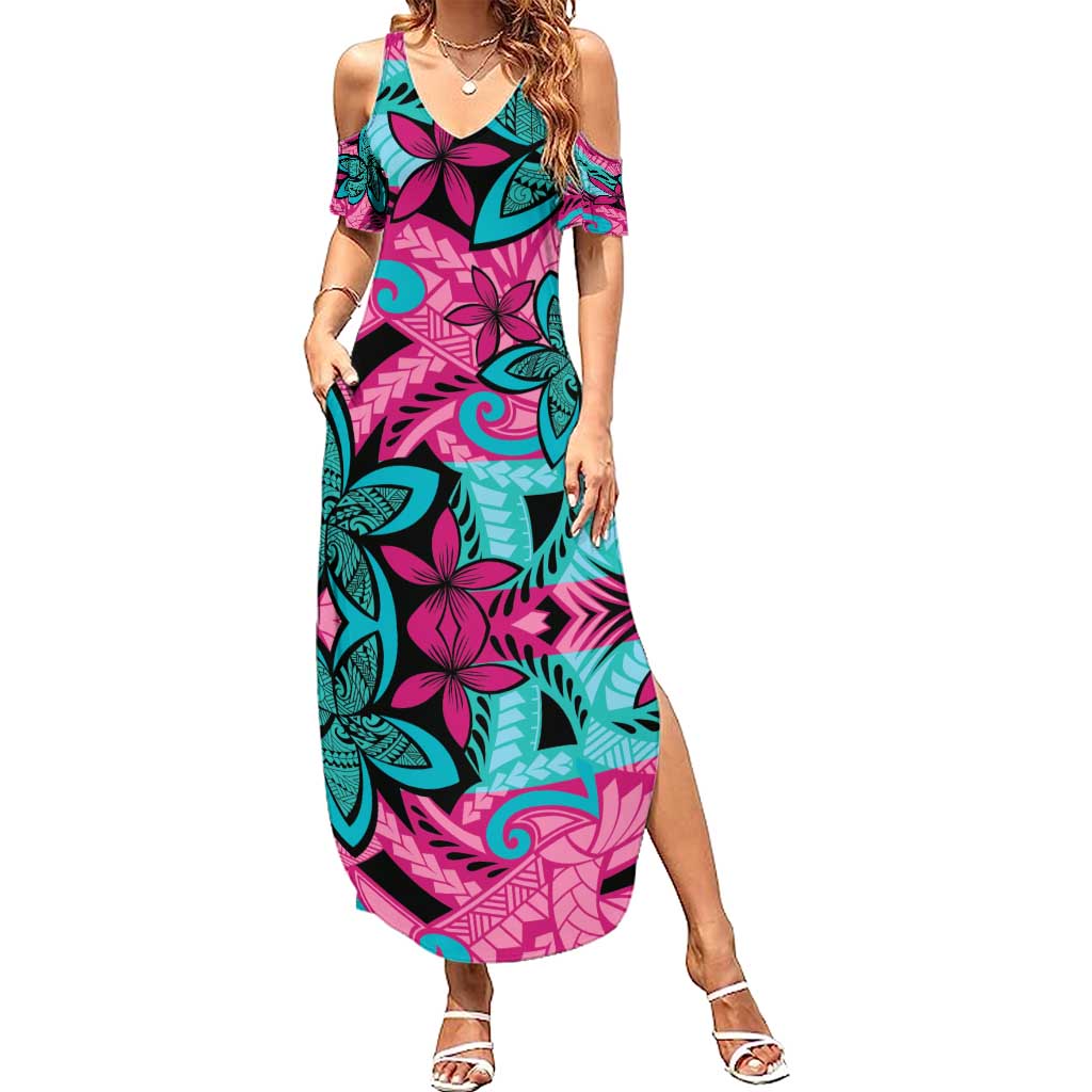 Plumeria Polynesian Pattern Family Matching Summer Maxi Dress and Hawaiian Shirt Unique Fantasy Pink Teal