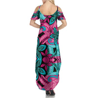 Plumeria Polynesian Pattern Family Matching Summer Maxi Dress and Hawaiian Shirt Unique Fantasy Pink Teal