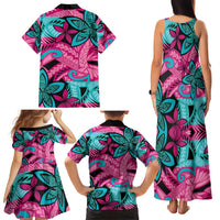 Plumeria Polynesian Pattern Family Matching Tank Maxi Dress and Hawaiian Shirt Unique Fantasy Pink Teal