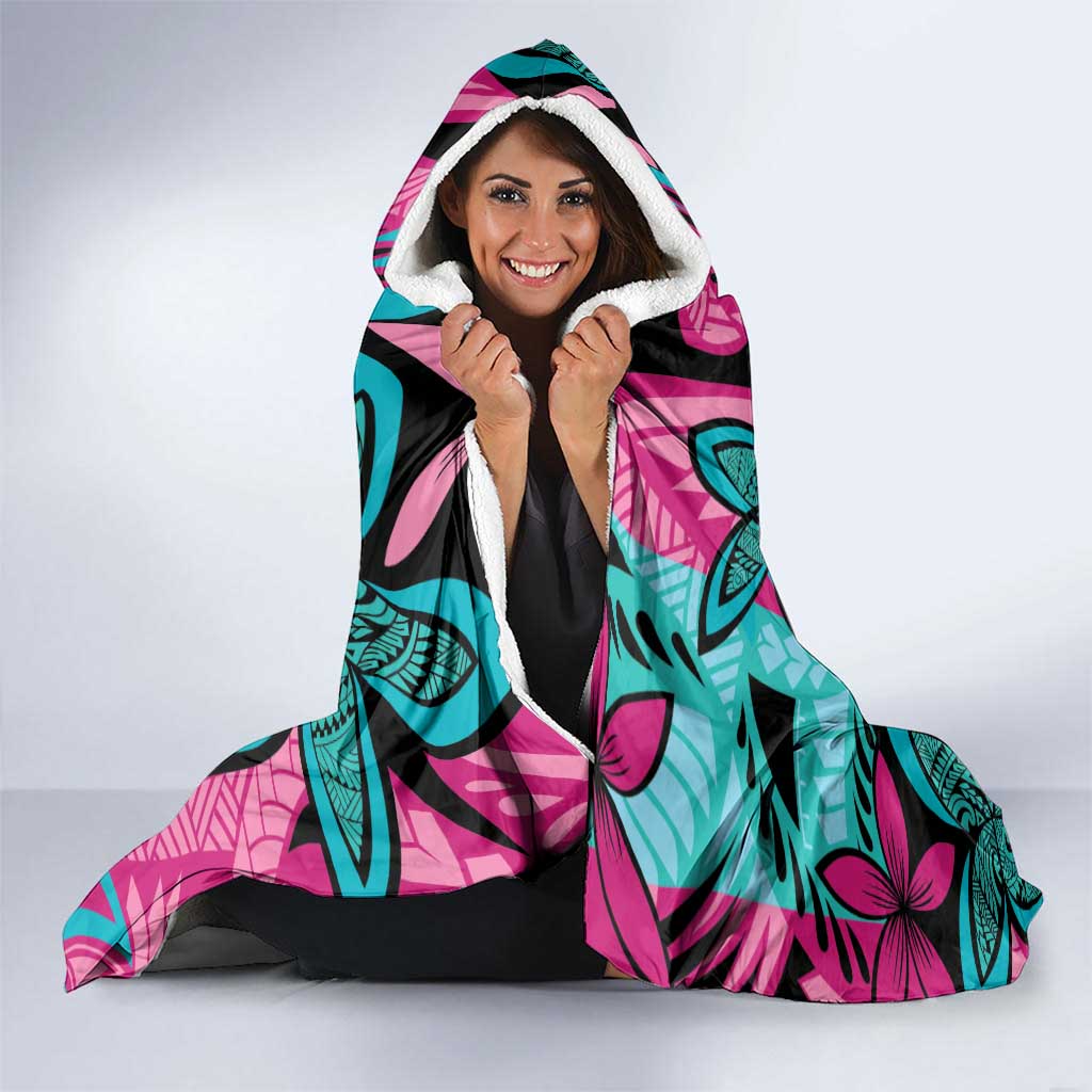 Plumeria Polynesian Pattern Hooded Blanket Unique Fantasy Pink Teal