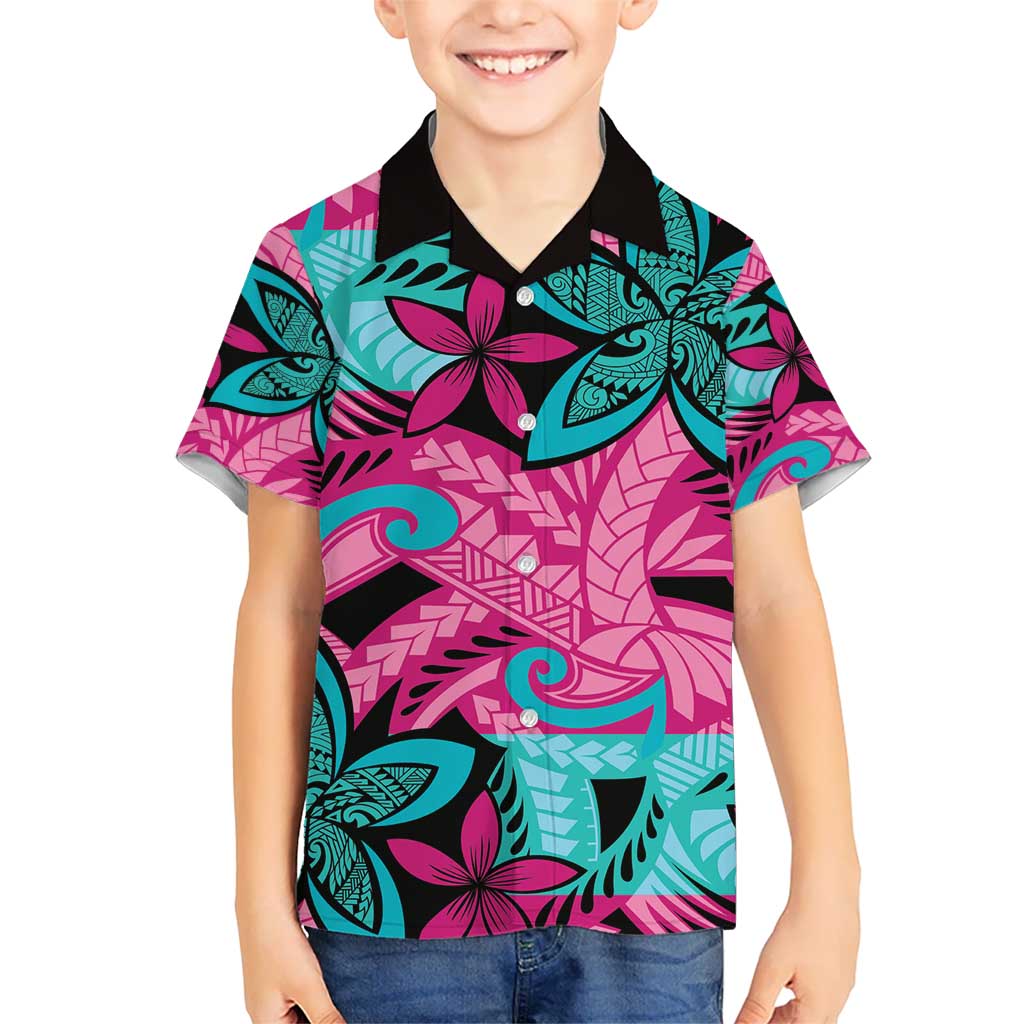 Plumeria Polynesian Pattern Kid Hawaiian Shirt Unique Fantasy Pink Teal