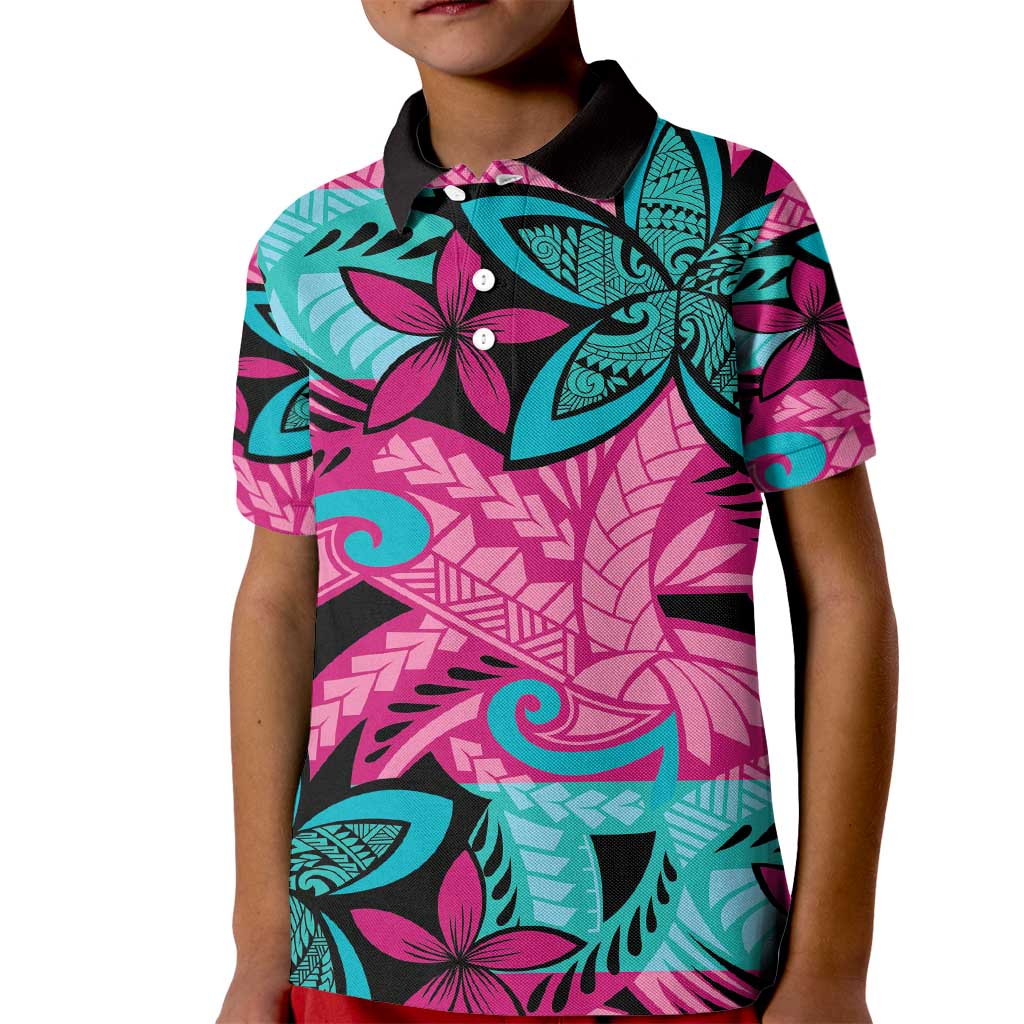 Plumeria Polynesian Pattern Kid Polo Shirt Unique Fantasy Pink Teal