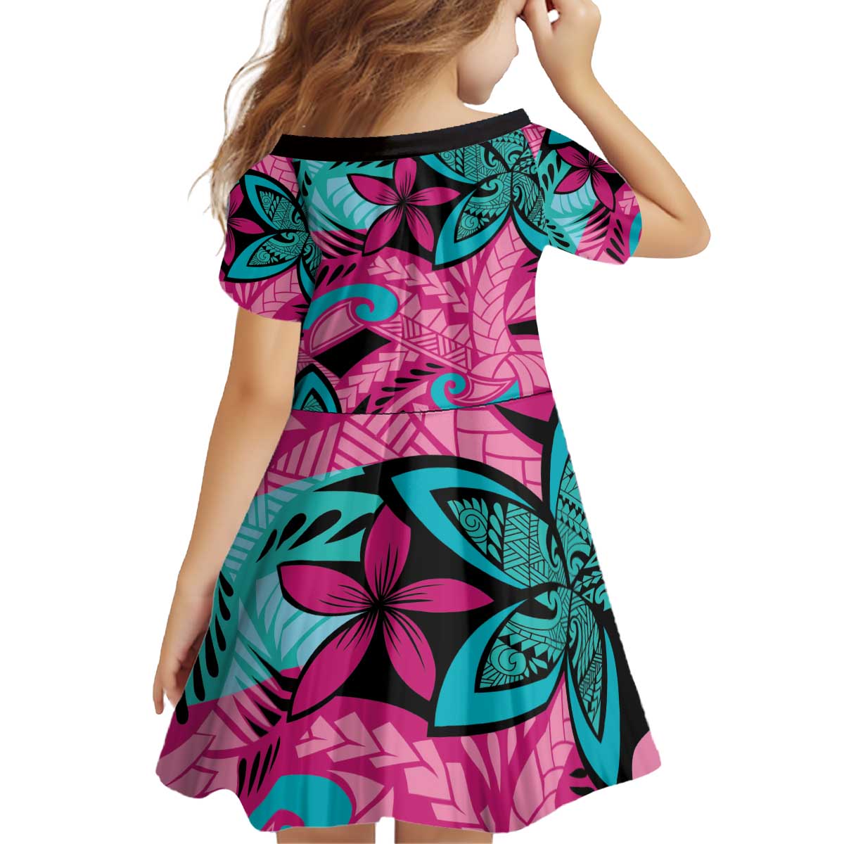 Plumeria Polynesian Pattern Kid Short Sleeve Dress Unique Fantasy Pink Teal