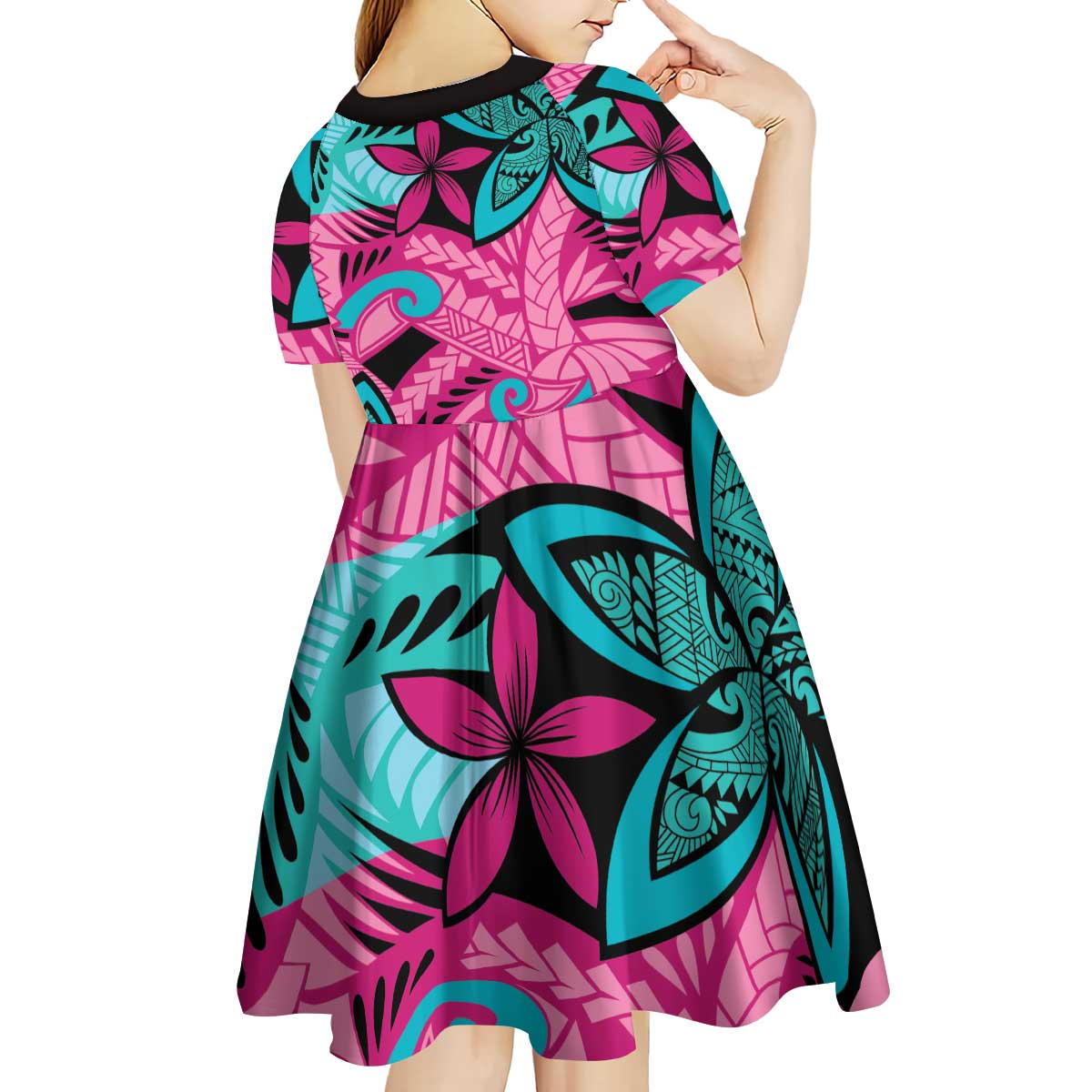 Plumeria Polynesian Pattern Kid Short Sleeve Dress Unique Fantasy Pink Teal