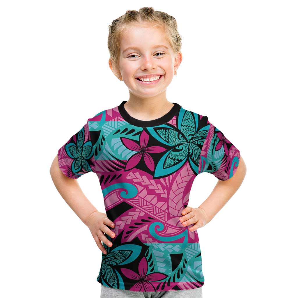 Plumeria Polynesian Pattern Kid T Shirt Unique Fantasy Pink Teal