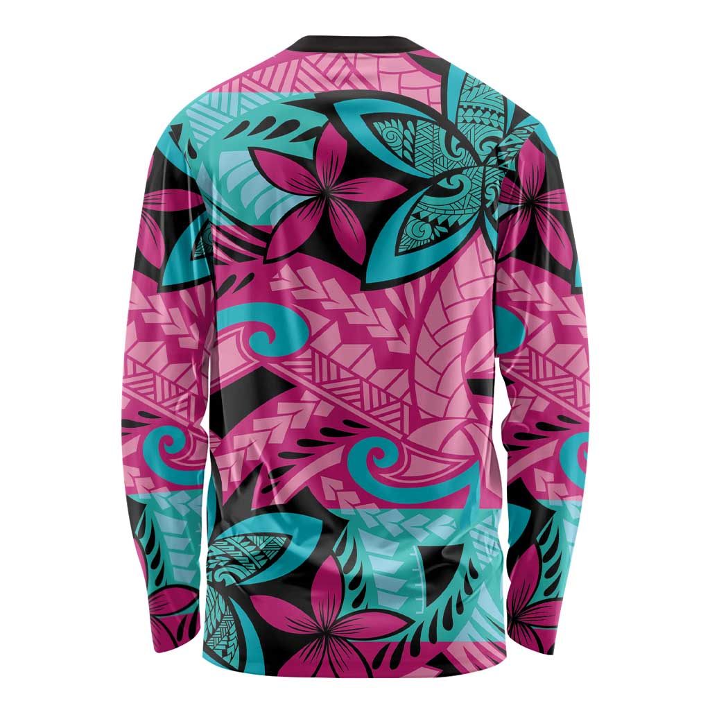 Plumeria Polynesian Pattern Long Sleeve Shirt Unique Fantasy Pink Teal