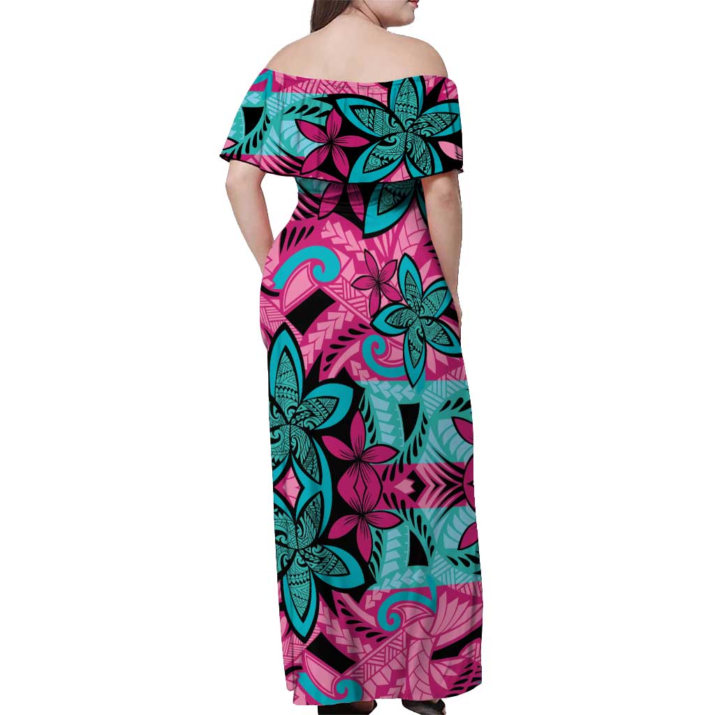 Plumeria Polynesian Pattern Off Shoulder Maxi Dress Unique Fantasy Pink Teal