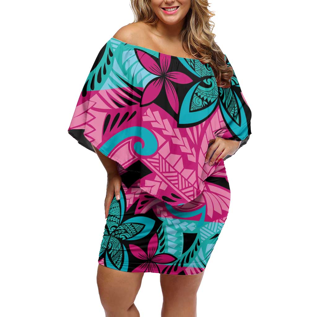 Plumeria Polynesian Pattern Off Shoulder Short Dress Unique Fantasy Pink Teal