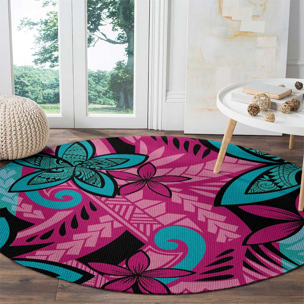 Plumeria Polynesian Pattern Round Carpet Unique Fantasy Pink Teal