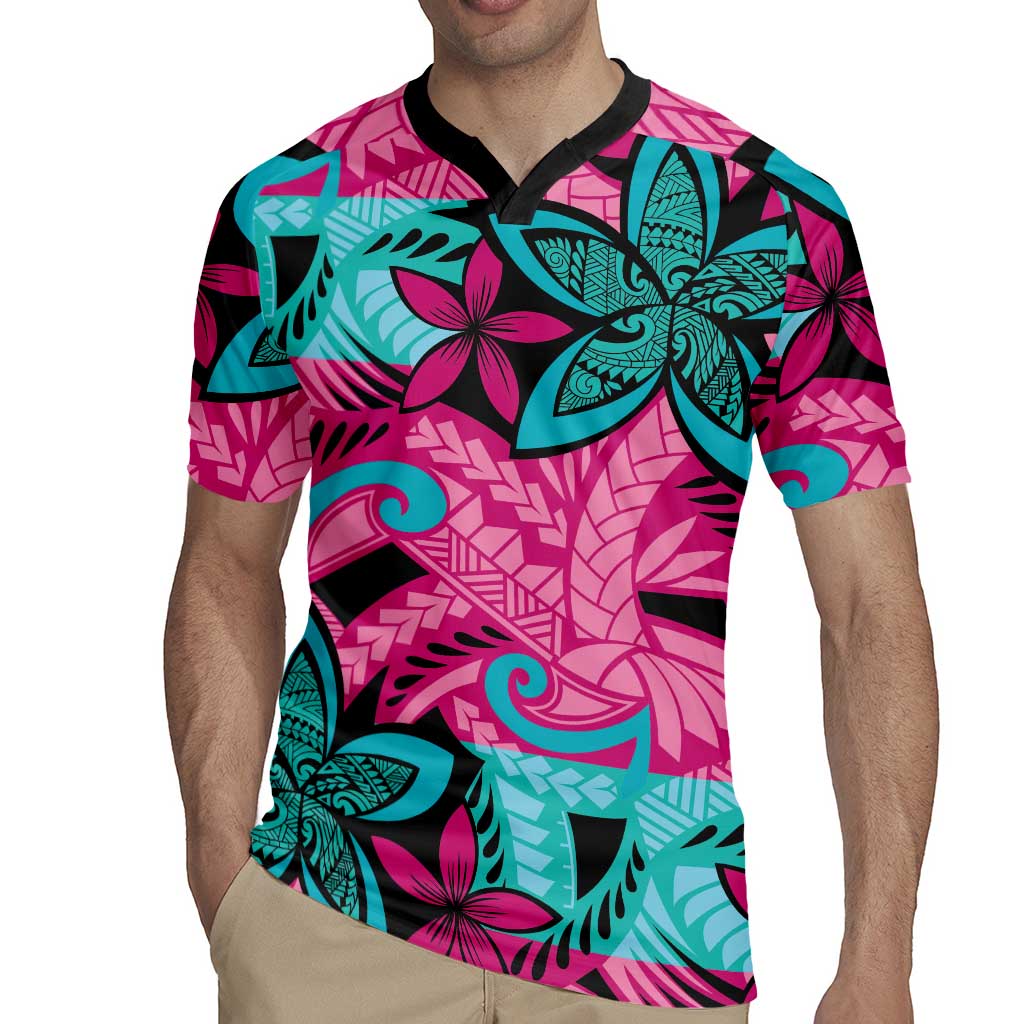 Plumeria Polynesian Pattern Rugby Jersey Unique Fantasy Pink Teal