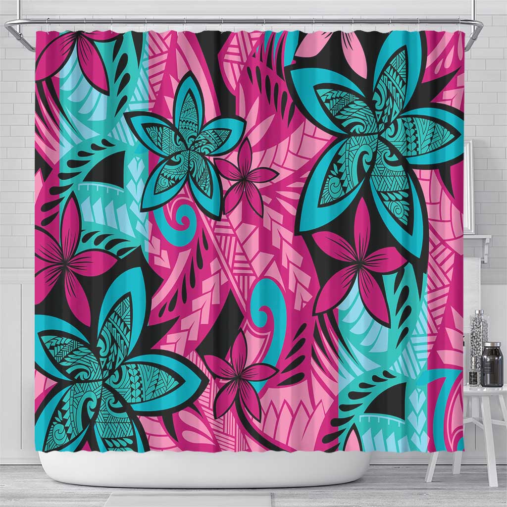 Plumeria Polynesian Pattern Shower Curtain Unique Fantasy Pink Teal