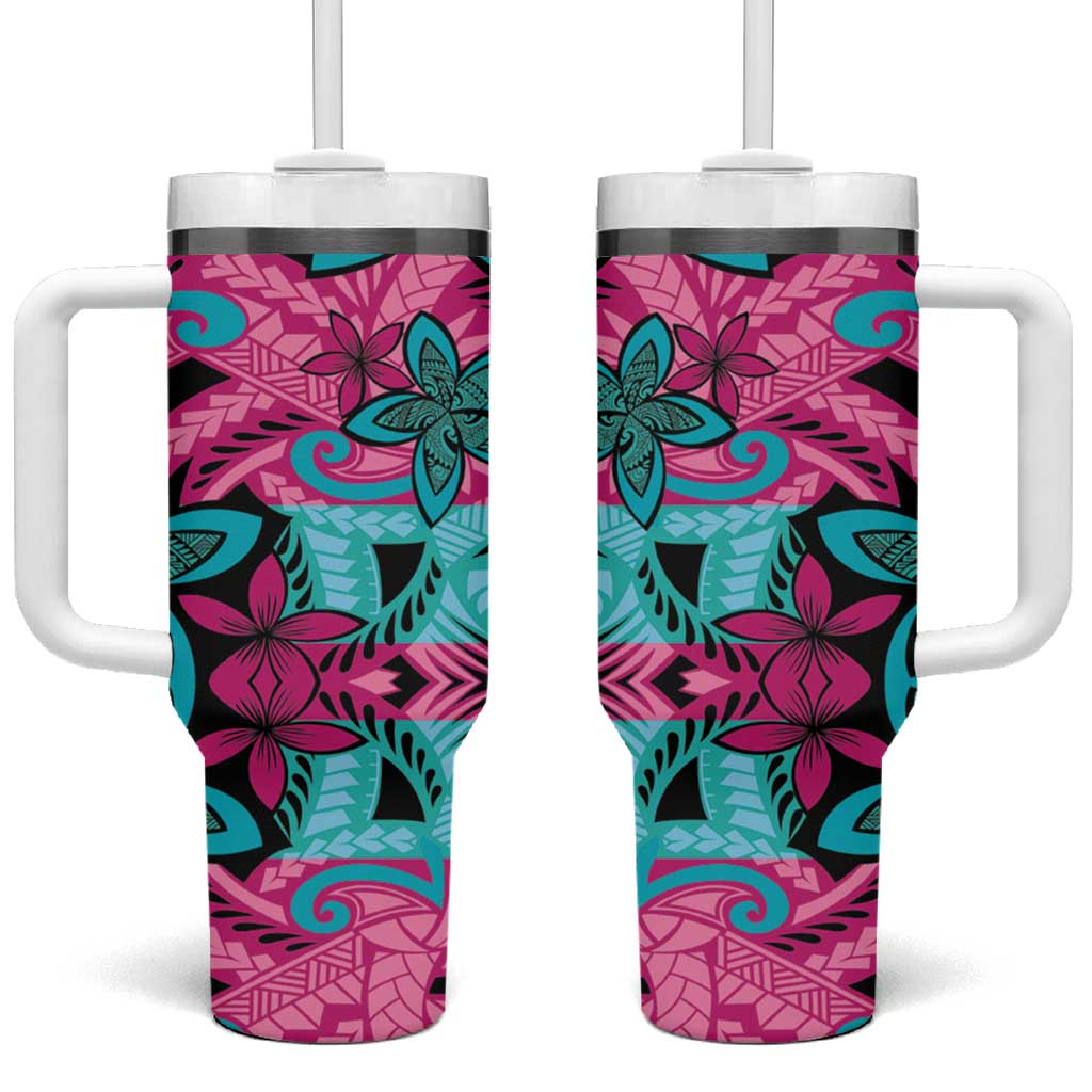 Plumeria Polynesian Pattern Tumbler With Handle Unique Fantasy Pink Teal