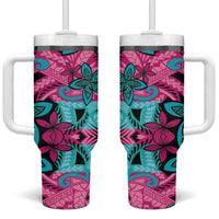 Plumeria Polynesian Pattern Tumbler With Handle Unique Fantasy Pink Teal