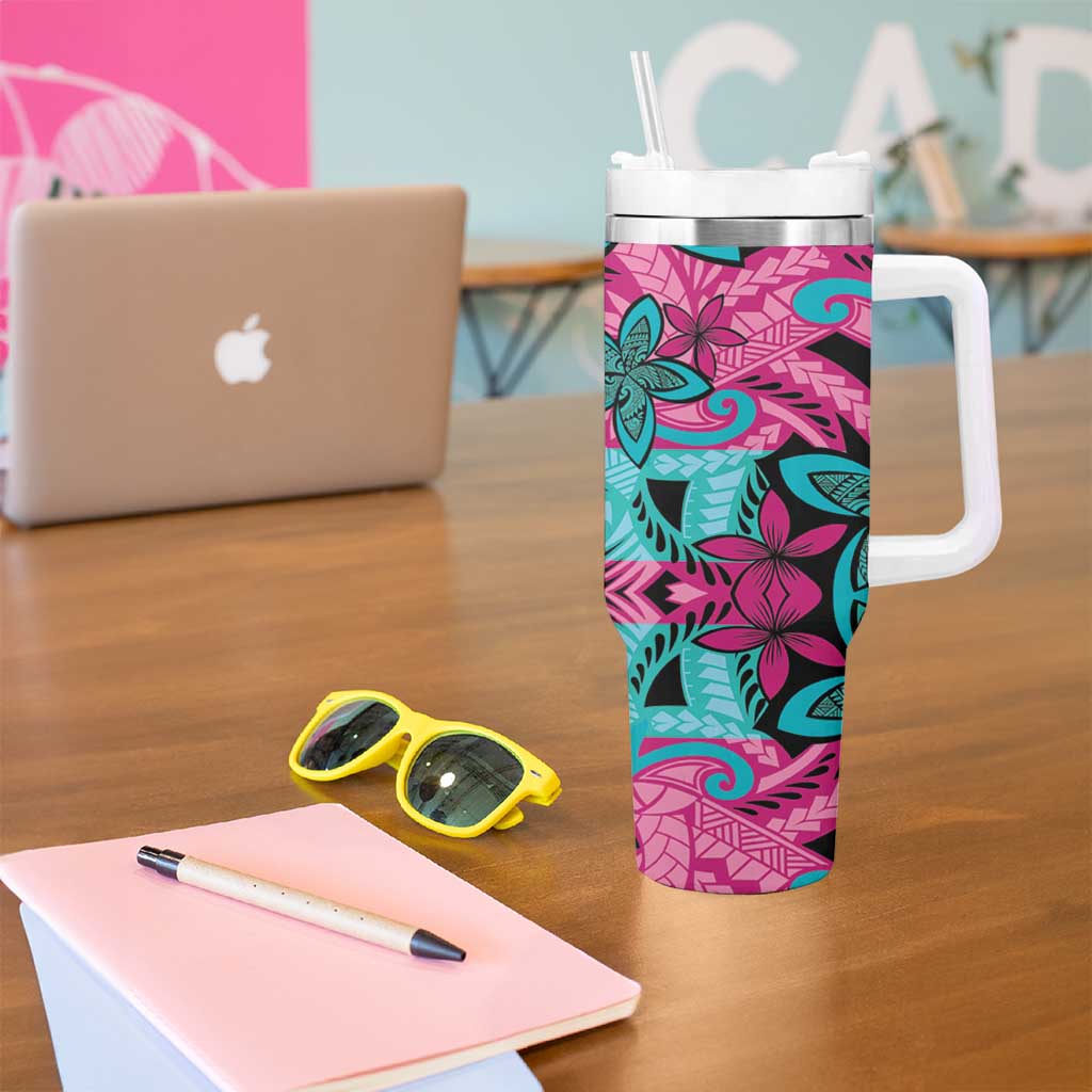 Plumeria Polynesian Pattern Tumbler With Handle Unique Fantasy Pink Teal