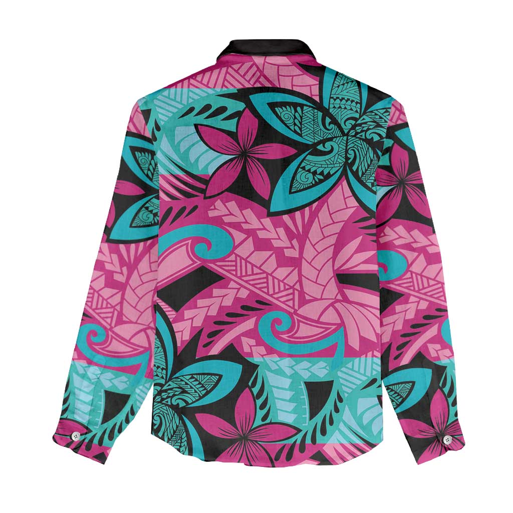 Plumeria Polynesian Pattern Women Casual Shirt Unique Fantasy Pink Teal LT01 - Polynesian Pride