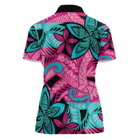 Plumeria Polynesian Pattern Women Polo Shirt Unique Fantasy Pink Teal
