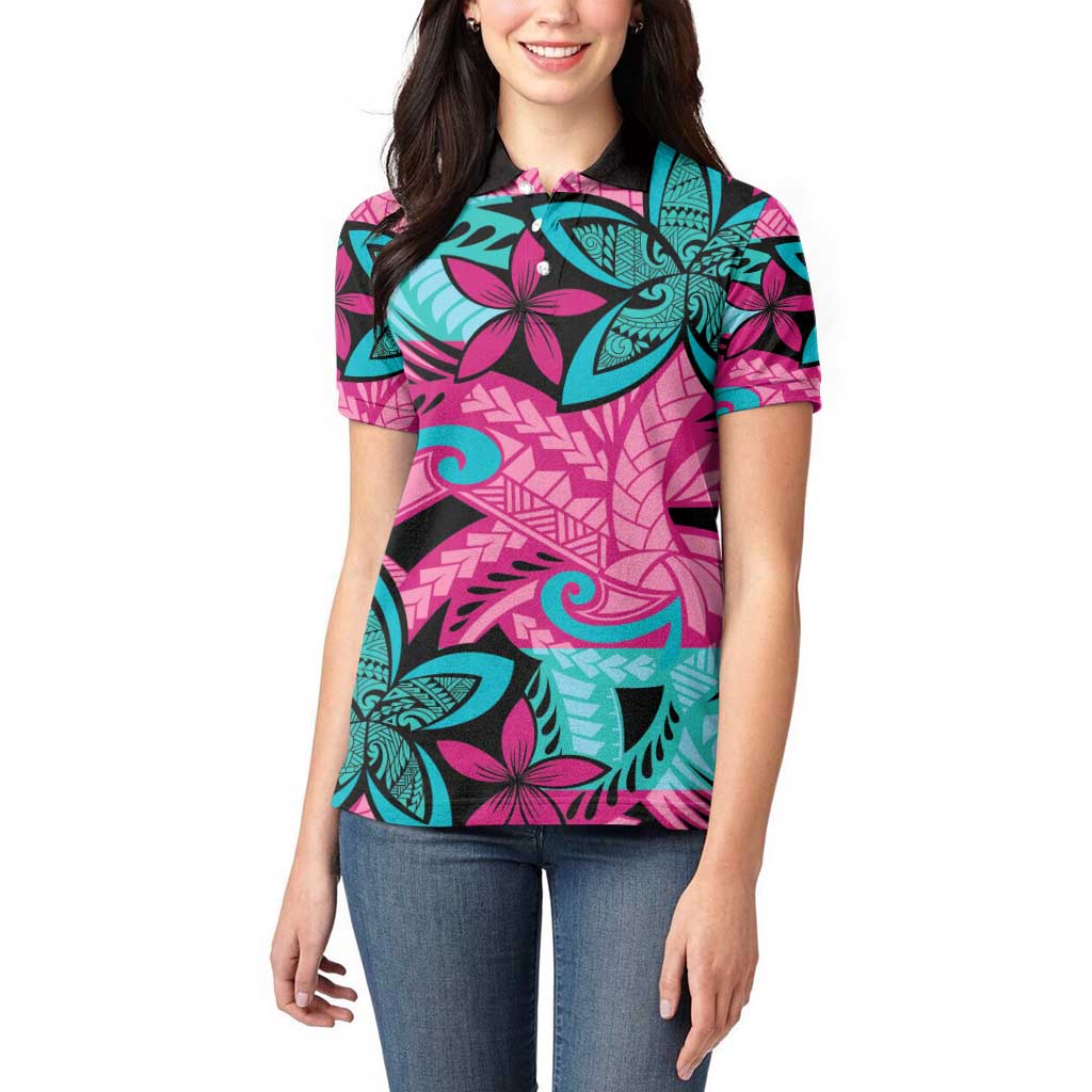 Plumeria Polynesian Pattern Women Polo Shirt Unique Fantasy Pink Teal