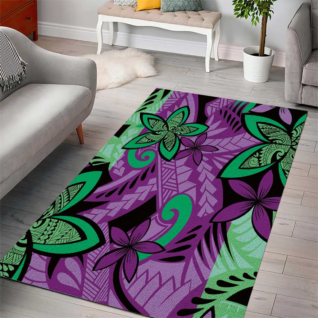 Plumeria Polynesian Pattern Area Rug Unique Fantasy Purple Green