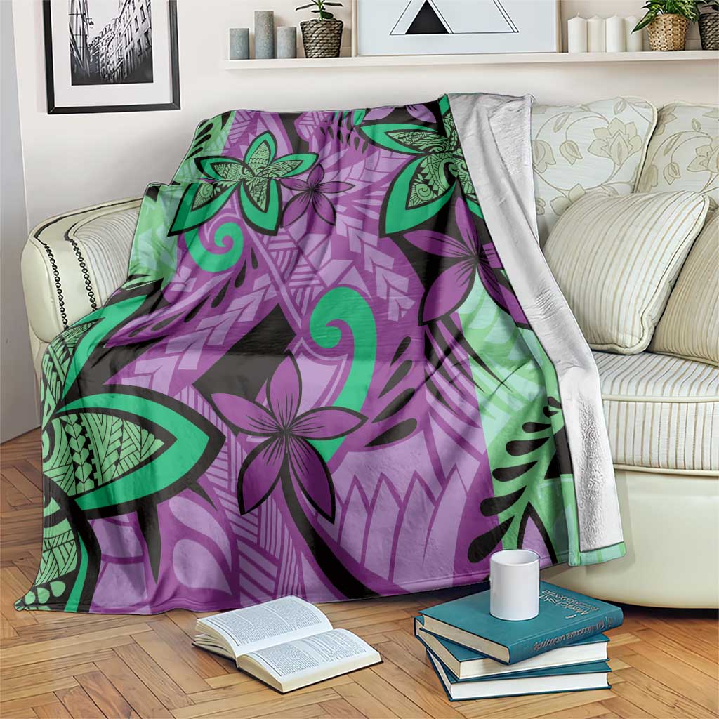 Plumeria Polynesian Pattern Blanket Unique Fantasy Purple Green