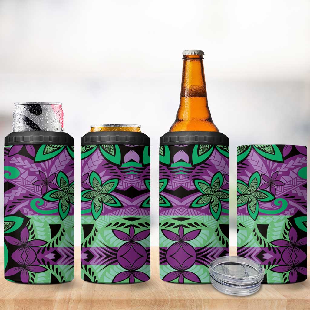 Plumeria Polynesian Pattern 4 in 1 Can Cooler Tumbler Unique Fantasy Purple Green