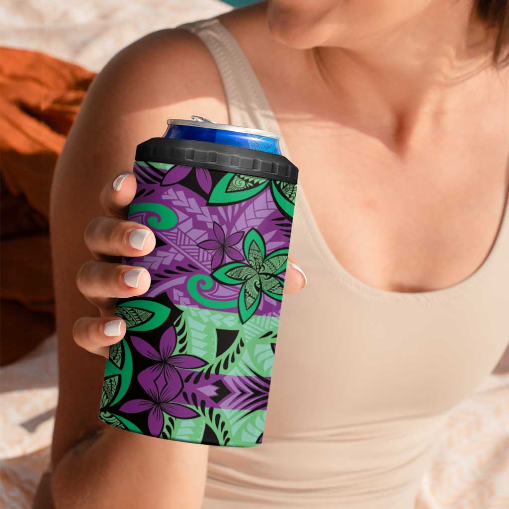 Plumeria Polynesian Pattern 4 in 1 Can Cooler Tumbler Unique Fantasy Purple Green