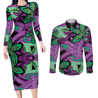 Plumeria Polynesian Pattern Couples Matching Long Sleeve Bodycon Dress and Long Sleeve Button Shirt Unique Fantasy Purple Green