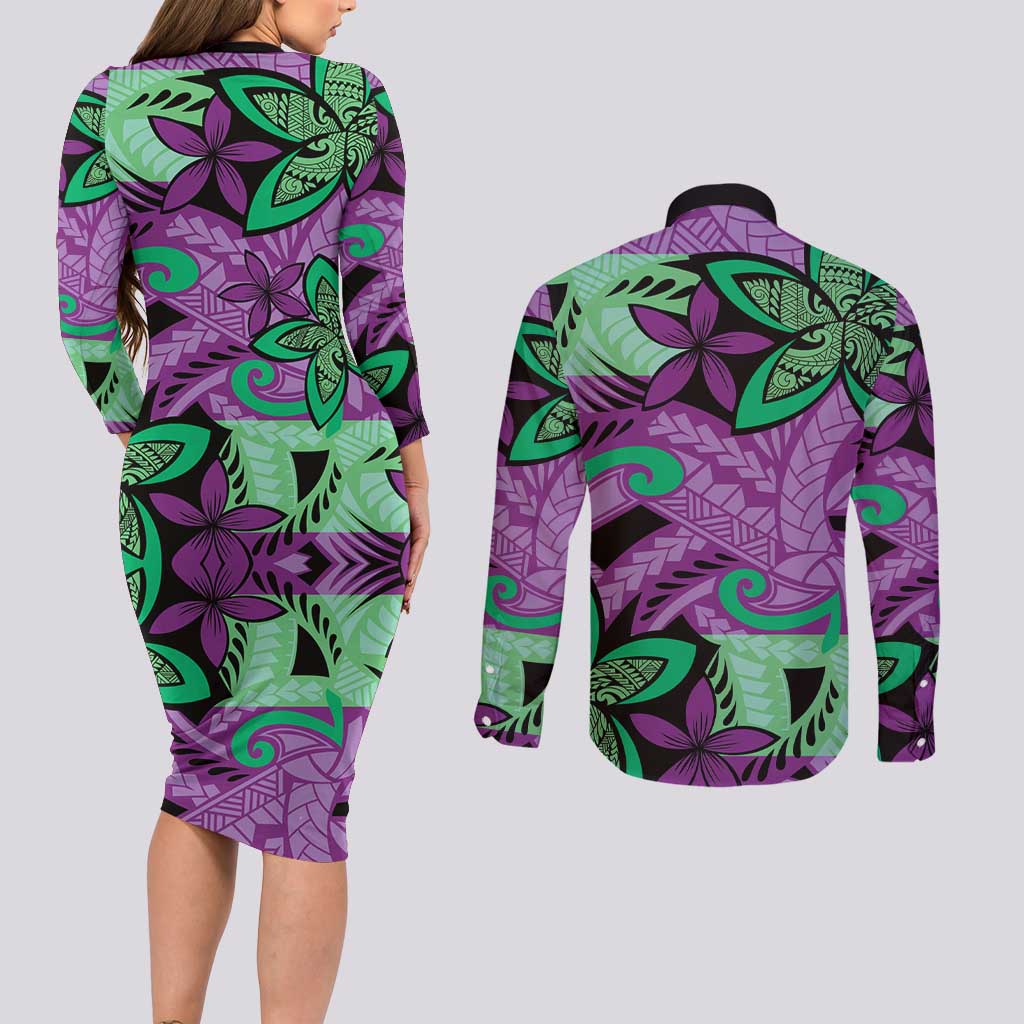 Plumeria Polynesian Pattern Couples Matching Long Sleeve Bodycon Dress and Long Sleeve Button Shirt Unique Fantasy Purple Green