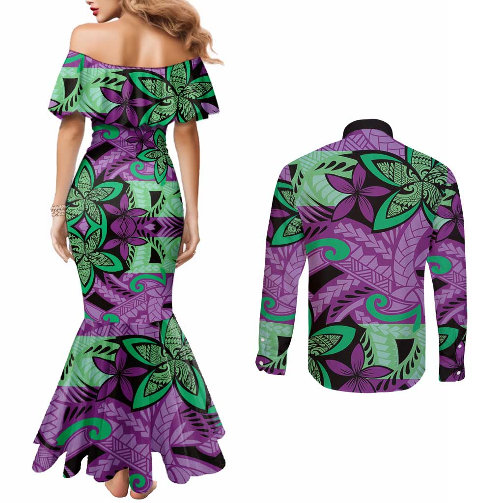 Plumeria Polynesian Pattern Couples Matching Mermaid Dress and Long Sleeve Button Shirt Unique Fantasy Purple Green