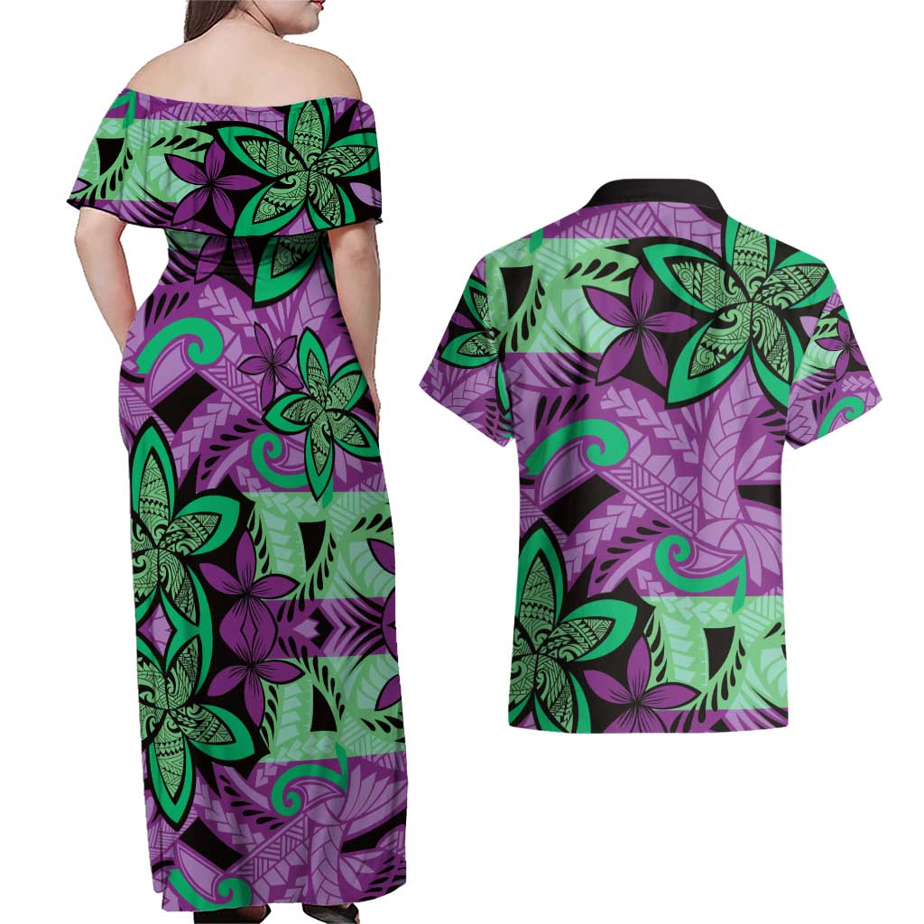 Plumeria Polynesian Pattern Couples Matching Off Shoulder Maxi Dress and Hawaiian Shirt Unique Fantasy Purple Green