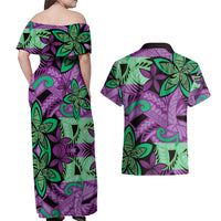 Plumeria Polynesian Pattern Couples Matching Off Shoulder Maxi Dress and Hawaiian Shirt Unique Fantasy Purple Green
