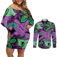 Plumeria Polynesian Pattern Couples Matching Off Shoulder Short Dress and Long Sleeve Button Shirt Unique Fantasy Purple Green