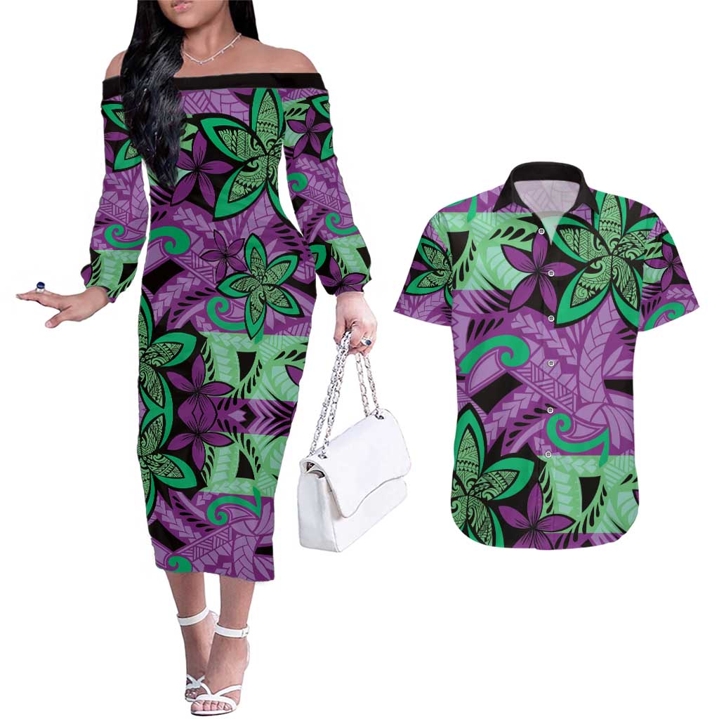 Plumeria Polynesian Pattern Couples Matching Off The Shoulder Long Sleeve Dress and Hawaiian Shirt Unique Fantasy Purple Green LT01 Purple - Polynesian Pride
