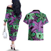 Plumeria Polynesian Pattern Couples Matching Off The Shoulder Long Sleeve Dress and Hawaiian Shirt Unique Fantasy Purple Green LT01 - Polynesian Pride