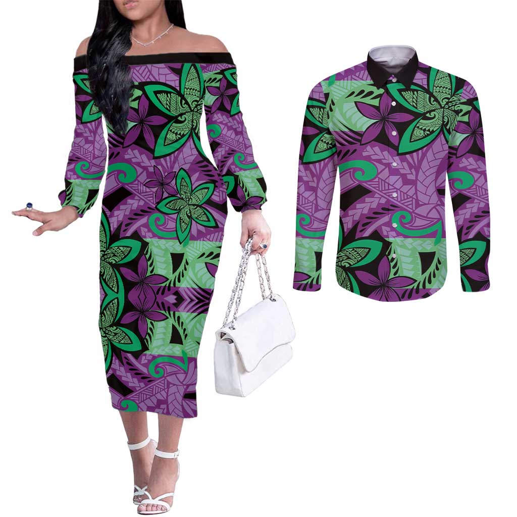 Plumeria Polynesian Pattern Couples Matching Off The Shoulder Long Sleeve Dress and Long Sleeve Button Shirt Unique Fantasy Purple Green LT01 Purple - Polynesian Pride